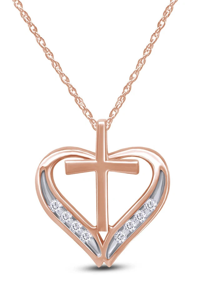 Colgante Cruz y Corazón con Cadena de 18" Diamante Natural Oro Rosa Sólido 14K -IGI- Foto 1 de 4