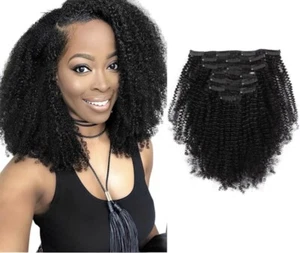 7pcs Remy Afro Coily Clip In Human Hair Extensions 14" Natural Black, 4AC 4B - Picture 1 of 9