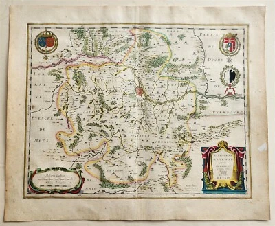 MAPA 1640 de FRANCIA METZ LORRAINE por WILLEM BLAEU antiguo AUTÉNTICO coloreado a mano Foto 1 de 4