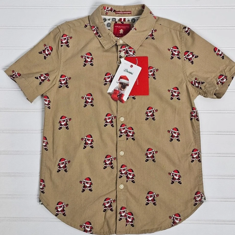 Denim & Flower Santa Dabbing Brown Short Sleeve Button Down Boys Size 6/7 NWT - Image 1 of 4