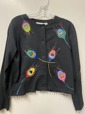 Vintage Peacock Feather Michael Simon Appliqued and Beaded Cardigan Medium M - Image 1 of 4