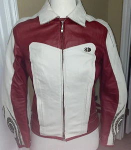 Hein Gericke Leather Padded Jacket Red White Motorcycle Womens Size 8 - Picture 1 of 21