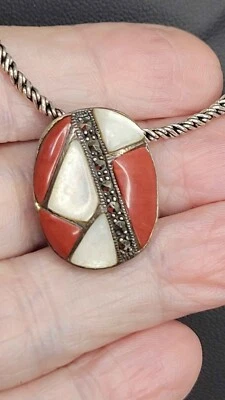 Colgante vintage de plata de ley 925 nácar coral y marcasita suroeste Foto 1 de 4
