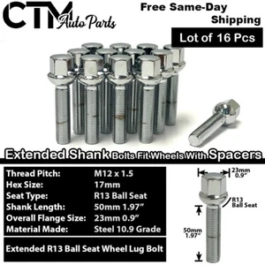 16x Chrome 12x1.5 Ball Seat Lug Bolts 50mm Shank Audi VW Smart w/ 20-25mm Spacer - Picture 1 of 5