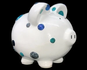 Bling Piggy Bank AUSTRIAN CRYSTALS Polka Dot Blue Baby Boy Gift Decor Bedazzled - Picture 1 of 6