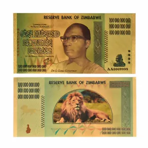 Billete de Zimbabue 100 Decillones de Dólares Lámina de Oro 24K Serie Trillones - Imagen 1 de 7