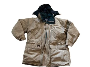 Woolrich Mens Barn Coat Utility USA Made WPL-6635 Tan Beige Wool Plaid Lined - Picture 1 of 13