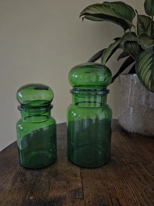 Vintage Set Of 2 Green Glass Bubble Top Jar Apothecary Containers Made Belgium - Picture 1 of 7