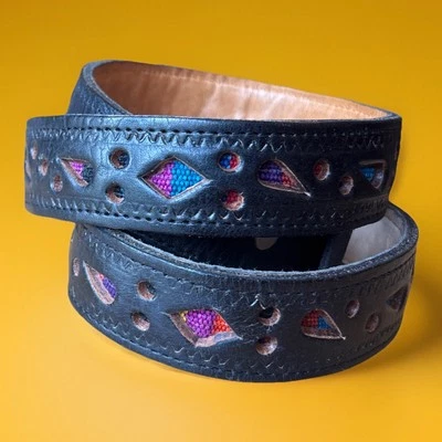 Cinturón de cuero negro Southwest 40” recortes coloridos festival azteca occidental boho Foto 1 de 4