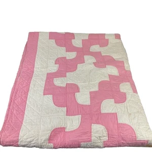 Antique 1920s Drunkard’s Path Quilt 52x67.5 – Handmade Pink White Coverlet - Picture 1 of 10