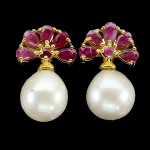 925 Sterling Silver Earrings Pear Ruby 5x3mm Ruby Pearl Natural Gemstone Jewelry - Picture 1 of 13