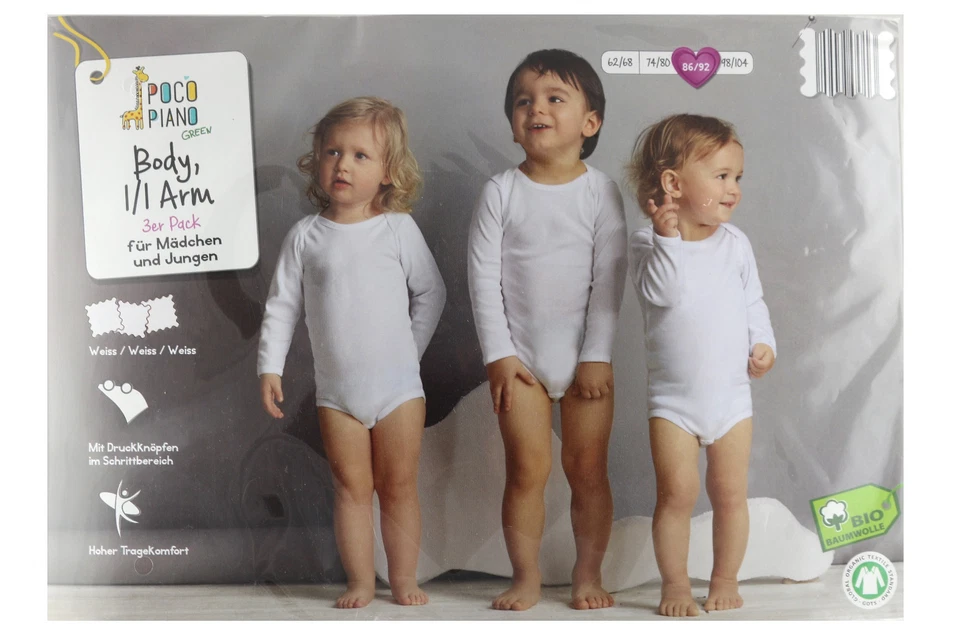 3 ER PACK POCO PIANO GREW BABY BODY 1/1 ARM FÜR MÄDCHEN UND JUNGEN WEIß * NEU*