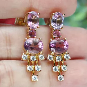 PURPLISH PINK MYSTUC TOPAZ & WHITE cubic zirconia EARRINGS 925 STERLING SILVER - Picture 1 of 4