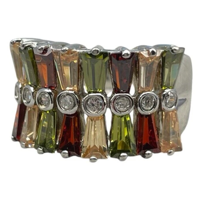 ANELLO DONNA DOPPIA FASCIA DI PIETRE MULTICOLORE BAGUETTE IN ARGENTO 925 LUXURY. - Immagine 1 di 4