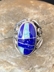 Native American Navajo Lapis & Opal Inlay Sterling Silver Ring Size 7 01484 - Picture 1 of 10