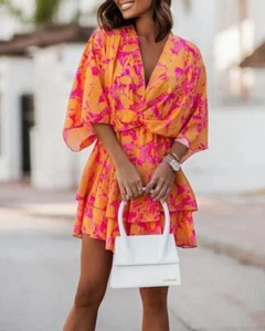 Womens Boho Floral Ruffle Dress Summer Holiday Beach V Neck Mini Dresses Size 16 - Picture 1 of 29