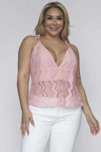 SEXY Baby Pink LACE Tank Top SIZE 3XL Womens Plus V NECK Tie Spaghetti Straps - Picture 1 of 3