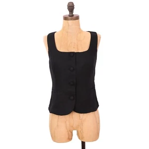 J.CREW Scoop Neck Vest Drapey Crepe 00 Black Linen Top Button NWT B75 - Picture 1 of 6