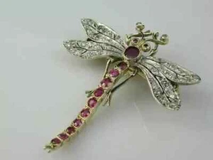 2.90Ct Round Cut Lab-Created Red Ruby Dragonfly Brooch 14K Two Tone Gold Plated - Picture 1 of 10