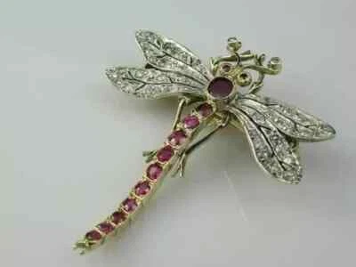 2.90Ct Round Cut Lab-Created Red Ruby Dragonfly Brooch 14K Two Tone Gold Plated - Image 1 of 4