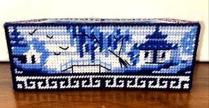 Vtg Tissue Box Cover Needlepoint Handmade Plastic Canvas Rectangle Blue Willow - Picture 1 of 7