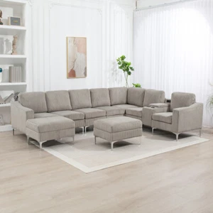 Convertible Sectional Corduroy Sofa w Storage Ottoman, Cupholders, USB Ports - Picture 1 of 21