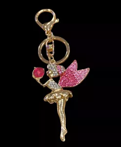 Pink Rhinestone Wings Fairy Crystal Purse Keychain Gold Keyring - Picture 1 of 5