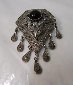 Antique Israel 925 Sterling Silver w/Onyx Filigree Brooch ~ 2.75" x 1.75" - Picture 1 of 7