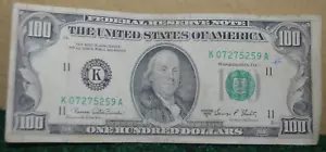 1969 One Hundred Dollar Bill Serial #07275259 So-So 55.9% $100.00 - Picture 1 of 12