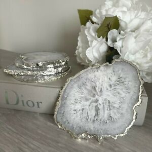 Crystal Coasters -White and Silver Salt Agate - Set of 2 Pieces Natural