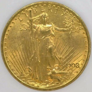 1908 $20 Gold Saint Gaudens No Motto Double Eagle NGC Grade MS 62 Old Thick Slab - Picture 1 of 4