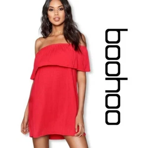 BOOHOO Off the Shoulder Red Swing Dress sz 6 NWT - Picture 1 of 10