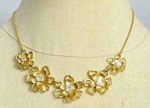 LC Floral Gold-tone Rhinestones Necklace 19” - Picture 1 of 3