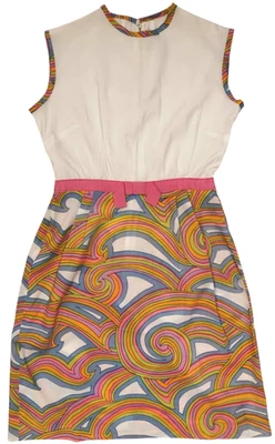 1970's VINT SM. VESTIDO POLI PSICODÉLICO PAISLEY COM CINTO ROSA, TOP BRANCO SEM MANGAS - Imagem 1 de 4