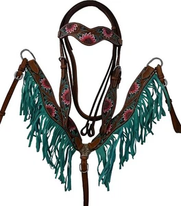LEATHER WESTERN FRINGE HEADSTALL & BREAST COLLAR TACK SET - Picture 1 of 1