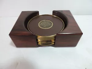 BELL ATLANTIC YELLOW PAGES DESK ACCESSORY BRASS/LEATHER/WOOD COASTER SET - Picture 1 of 12