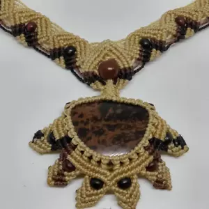 Brown Macrame Necklace Mahagony Obsidian Stone Beaded Woven Tie Closure - Picture 1 of 3