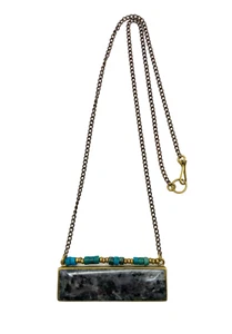 Vintage Blue Larvikite Bar Rectangle Pendant Necklace Brass Tone 19" Turquoise - Picture 1 of 24