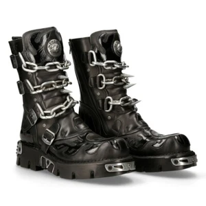 Neu Rock Unisex M.727-S1 schwarze Lederstiefel Schädelkette Flammenreaktorstiefel - Bild 1 von 8