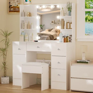 5-Drawer Vanity Set w/Mirror & Stool - Crystal Handle Makeup Dressing Table - Picture 1 of 9