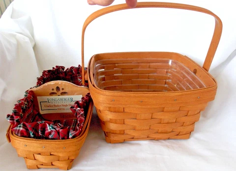 Longaberger LOT 1990 Medium square Berry basket 1992 Cracker wood divider liner Cover