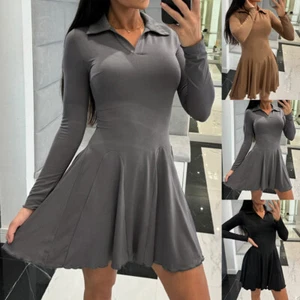 Womens Long Sleeve Skater Dress Autumn Ladies Lapel V Neck Slim Fit Swing Dress - Picture 1 of 11
