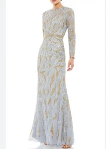 Vestido para mujer Mac Duggal manga larga con cuentas platino dorado talla 14 nuevo con etiquetas - Imagen 1 de 5