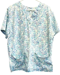 Floral Print Womens Scrub Top Short Sleeve V-Neck Two Pockets - Picture 1 of 3