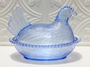 Indiana Glass Candy Dish Light Blue Covered Hen On Nest 5.5" x 7" RARE Vintage - Picture 1 of 5