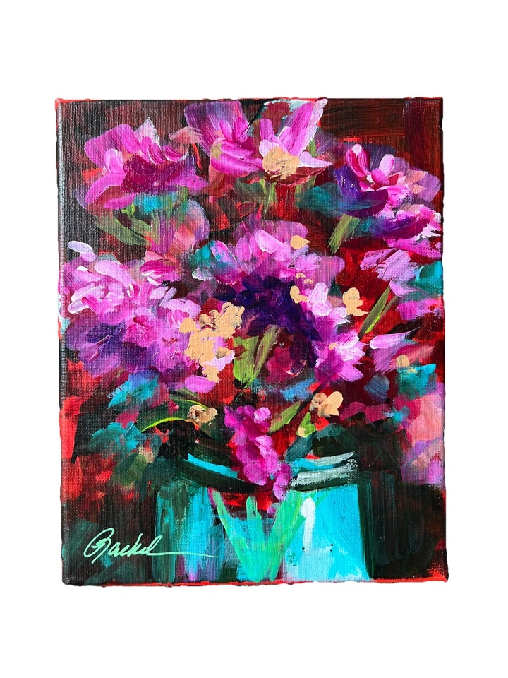 Pintura acrílica floral magenta suelta original 8 x 10 sobre lienzo estirado Foto 1 de 3