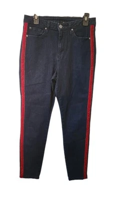 Pantalones de mezclilla oscuros vaqueros azules cinta negra con rayas de terciopelo rojo Estados Unidos 31 Foto 1 de 4