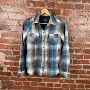 Pendleton Hemd Damen mittelblau grau kariert Wolle Western Pearl Snap Canyon - Bild 1 von 5