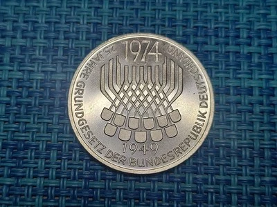 🇩🇪 West Germany 5 mark 1974 F  Grundgesetz 0.625 KM-138  Silver Coin 032225-5 - Image 1 of 2