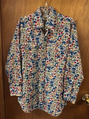 1970-е Lee цветочный Snap рубашка синий красный желтый Sz L длинный хвост 23» Pit к яме - Изображение 1 из 4